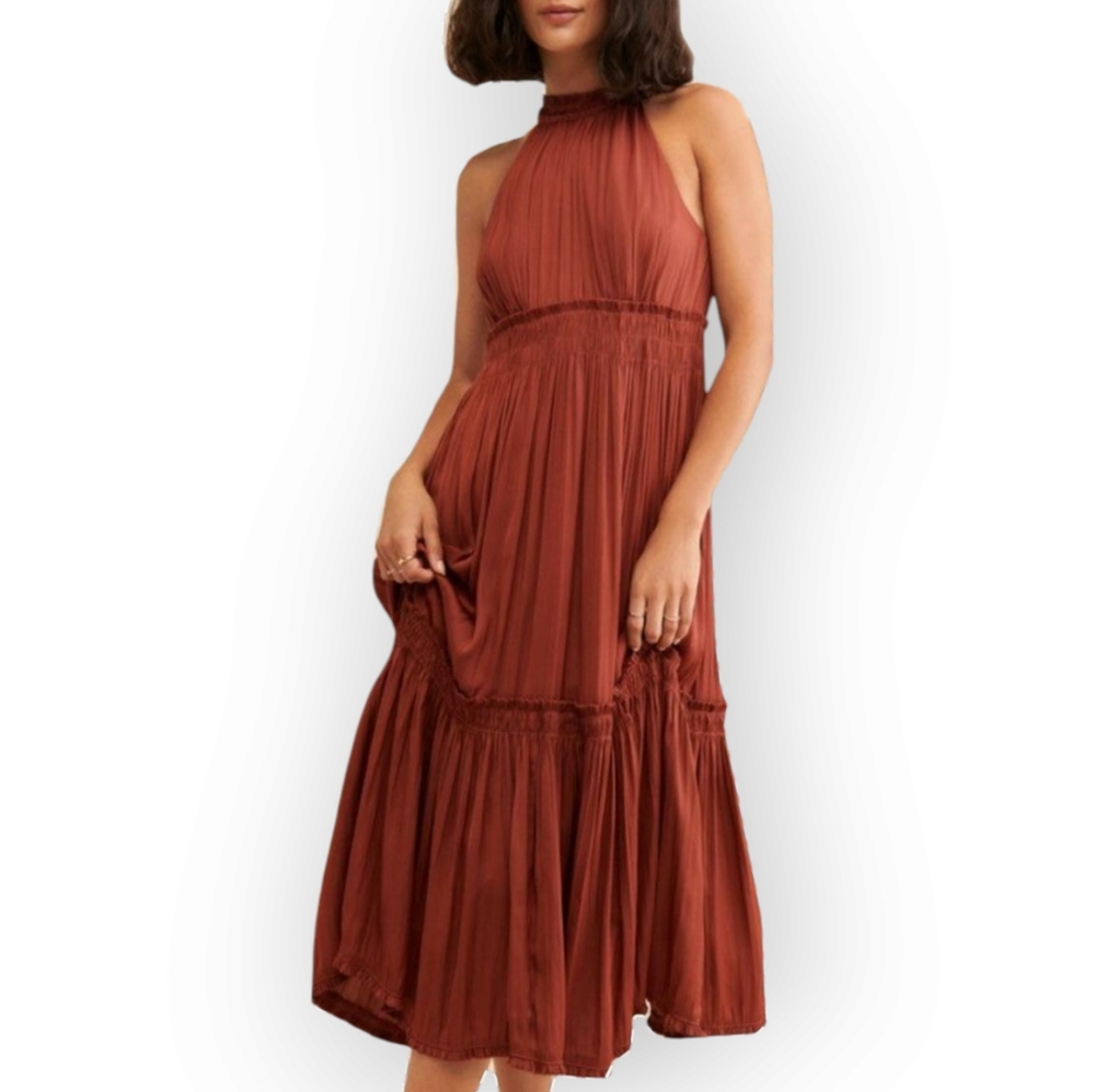 Anthropologie Tiered Halter Midi Dress Smocke Pleated Ruffled Copper Brown Sz 6